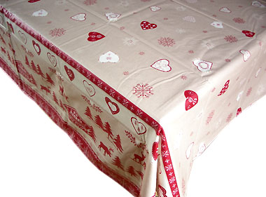 French coated tablecloth (Noel , beige-red)